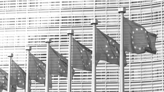 Eu kommissionens byggnad i bakgrunden med sex stycken flaggstänger med EUs flagga hissad i svartvit färg